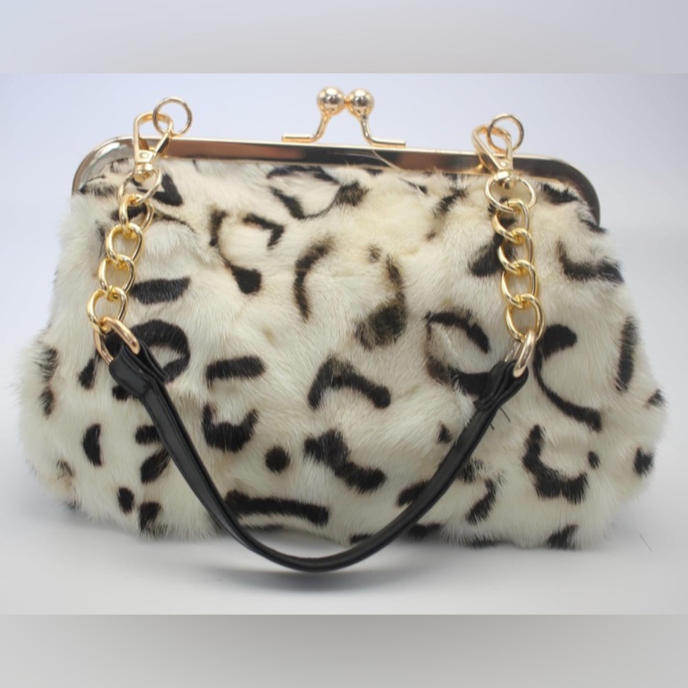 Leopard Print Genuine Mink Fur KISS-lock Handbag with Gold Chain - Picture 3 of 8